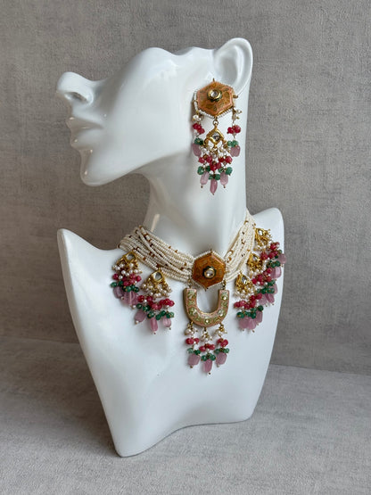 Ayura Designs Elizaar Meenakari Kundan Choker Set with Earrings – Blush Pink & Emerald Green Bead Detailing