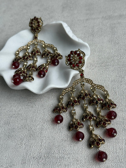 Ayura Designs Jasmine Earrings – Chandelier Earrings with Maroon Beads & Antique Gold Detailing
