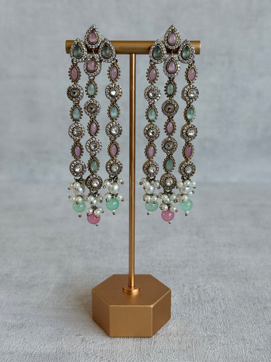 Ayura Designs Emilia Earrings – Gold Triple Strand Statement Earrings with Mint Green & Blush Pink Stones & Pearl Drops