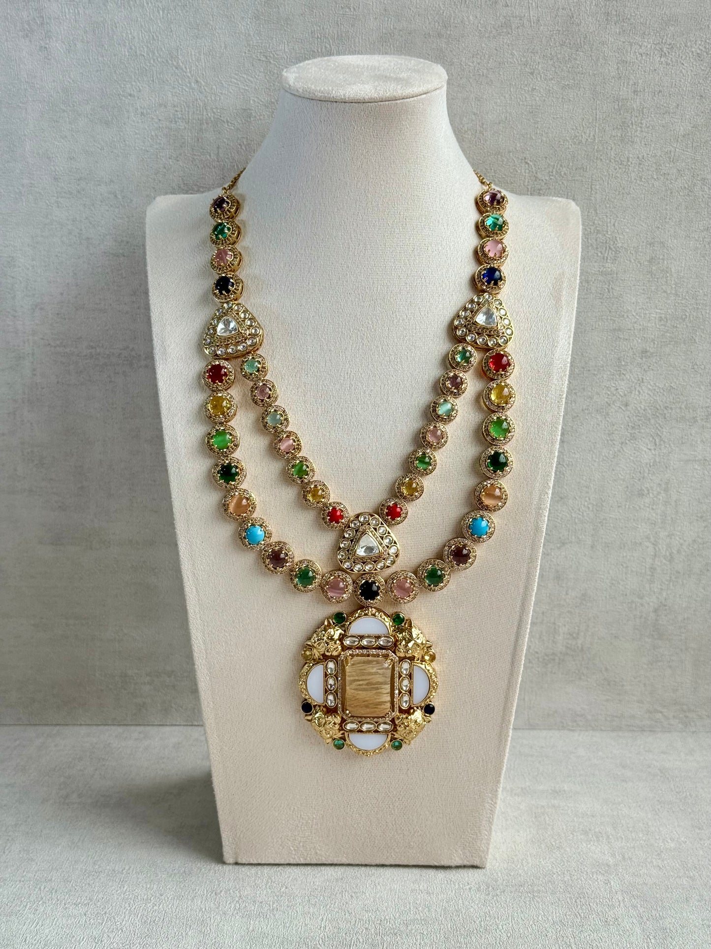 Ayura Designs Daphne Necklace Set with Statement Earrings – Gold Finish with Moissanite-Style Stones & Multicolour Accents