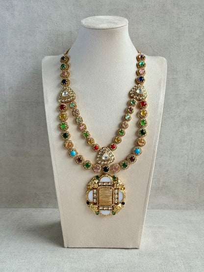 Ayura Designs Daphne Necklace Set with Statement Earrings – Gold Finish with Moissanite-Style Stones & Multicolour Accents