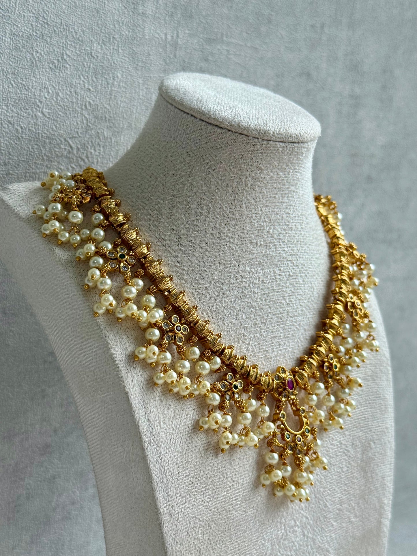 Ayura Designs Chaaya Set – Necklace & Earrings with Kundan Stones, Pink & Emerald Accents, and Pearl Detailing