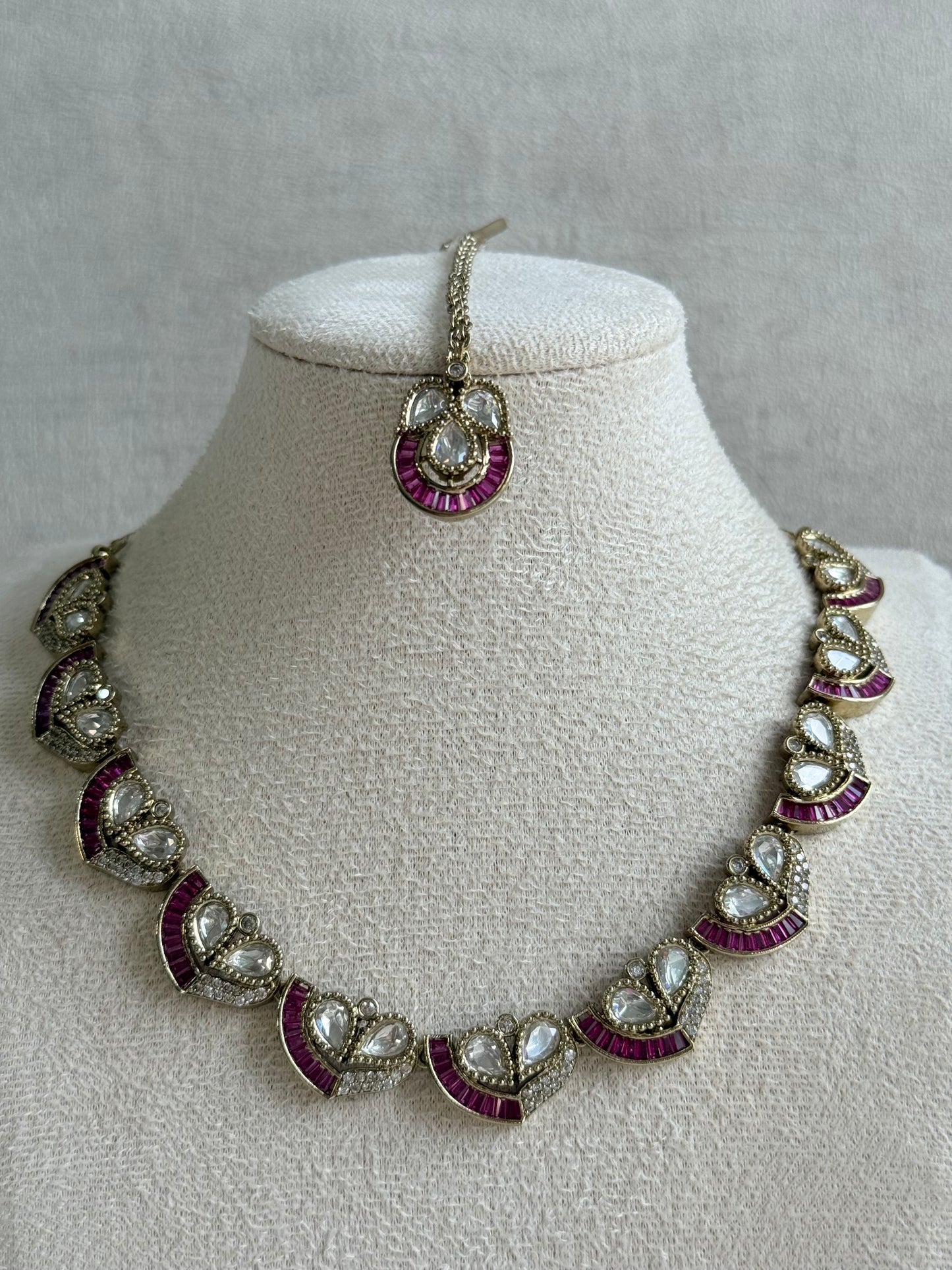 Ayura Designs Katalina Necklace Set with Earrings & Tikka – Rani Pink Stones, Crystals & Antique Gold Finish