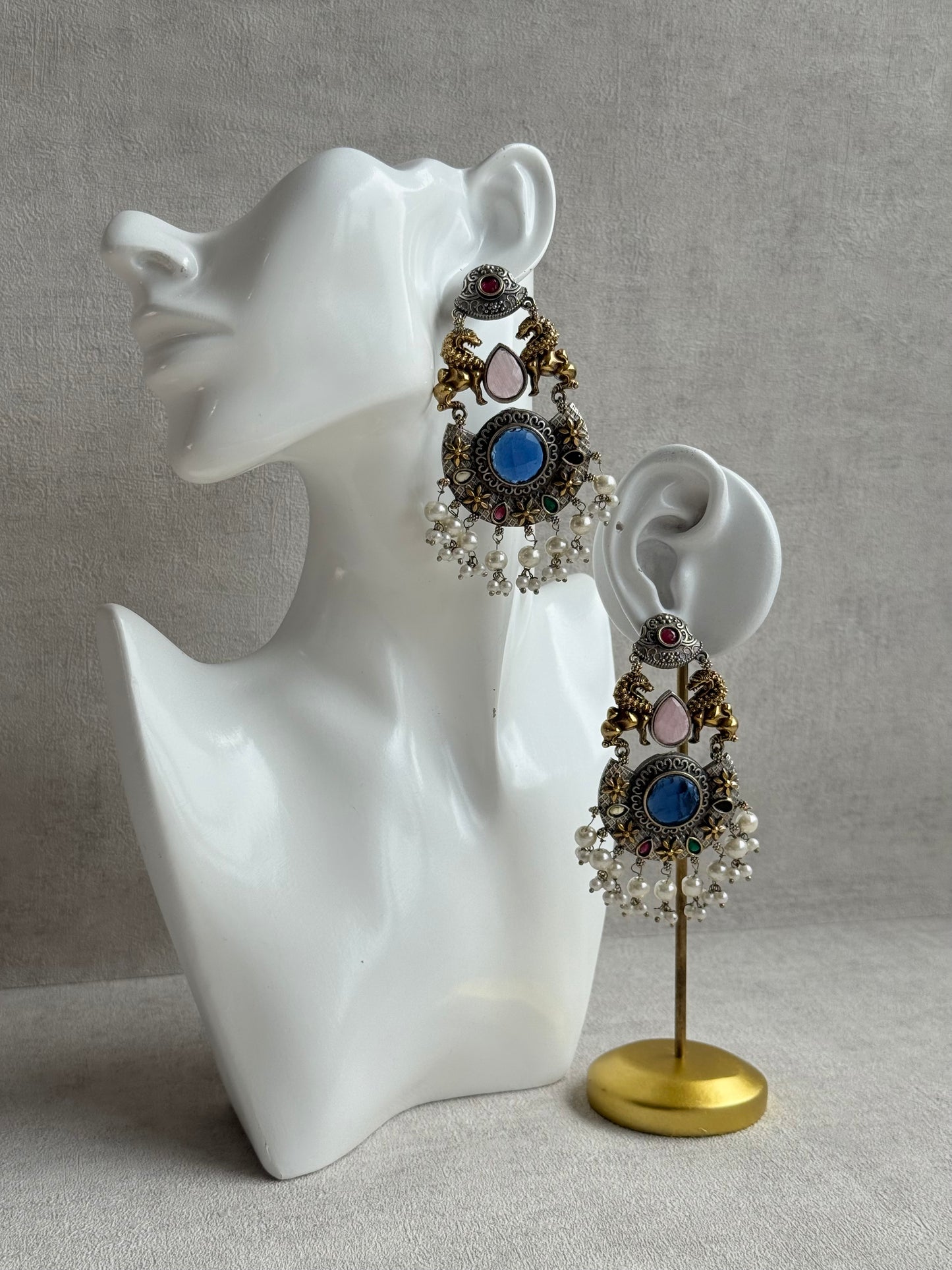Ayura Designs Aangan Earrings – Dual Tone Oxidised Statement Earrings with Multicolour Stones & Pearl Clusters