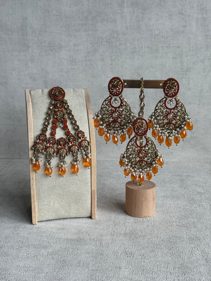 Ayura Designs Almas Tikka Set with Earrings, Tikka & Sahara – Orange Beads & Antique Gold Finish