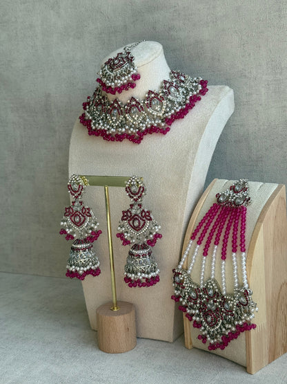 Ayura Designs Wania Set with Jhumkis, Tikka & Passa – Fuchsia Beads, Mirror-Cut Stones & Antique Silver Finish