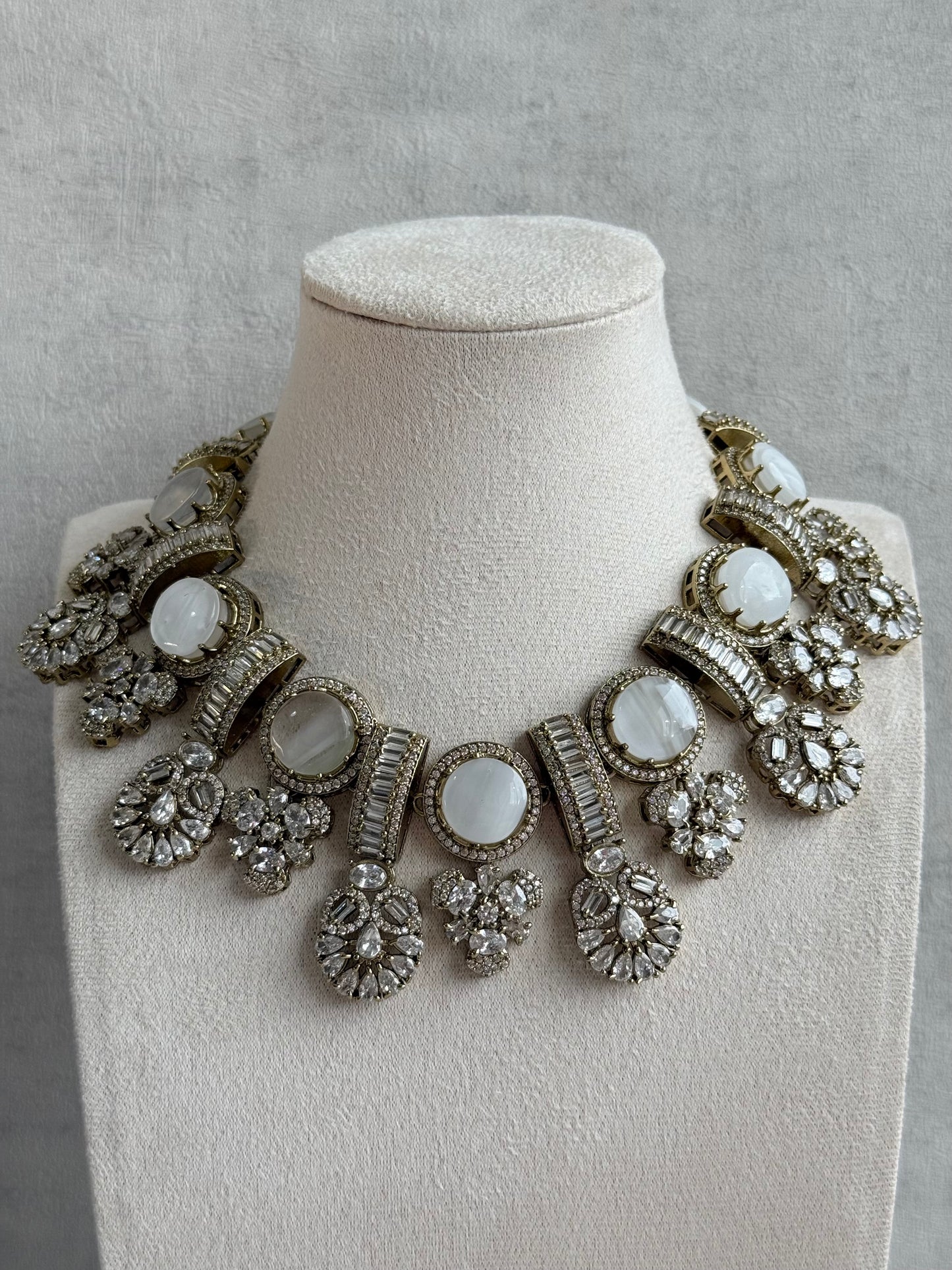 Ayura Designs Aabira Necklace Set with Earrings – White Marble Stones with Moissanite Style Detailing