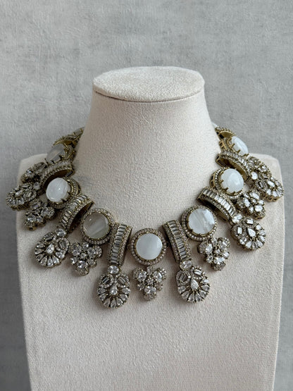 Ayura Designs Aabira Necklace Set with Earrings – White Marble Stones with Moissanite Style Detailing