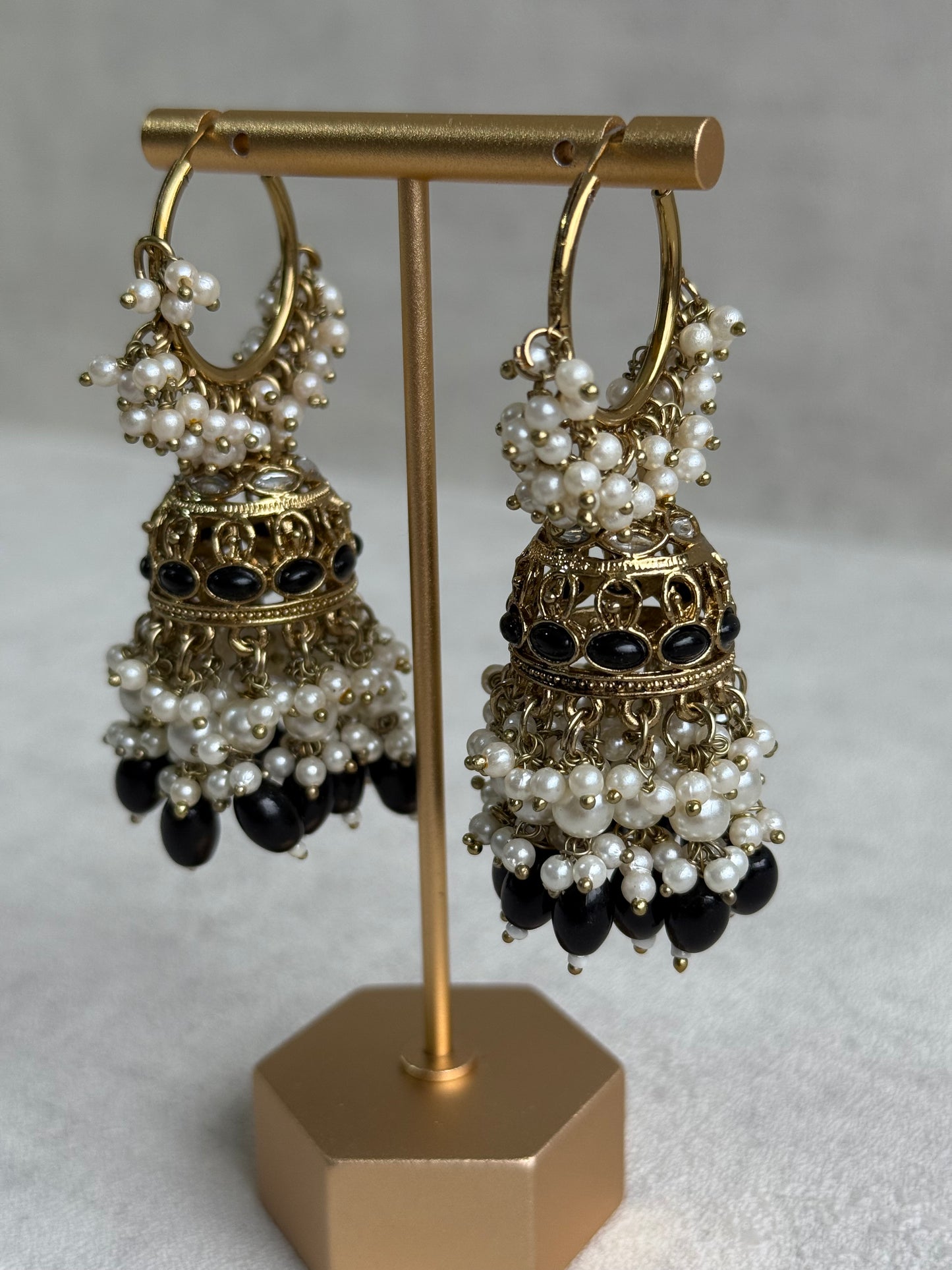 Ayura Designs Jugni Jhumkis – Antique Gold Balis with Black Beads & Pearl Clusters