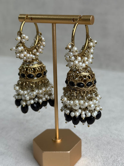 Ayura Designs Jugni Jhumkis – Antique Gold Balis with Black Beads & Pearl Clusters