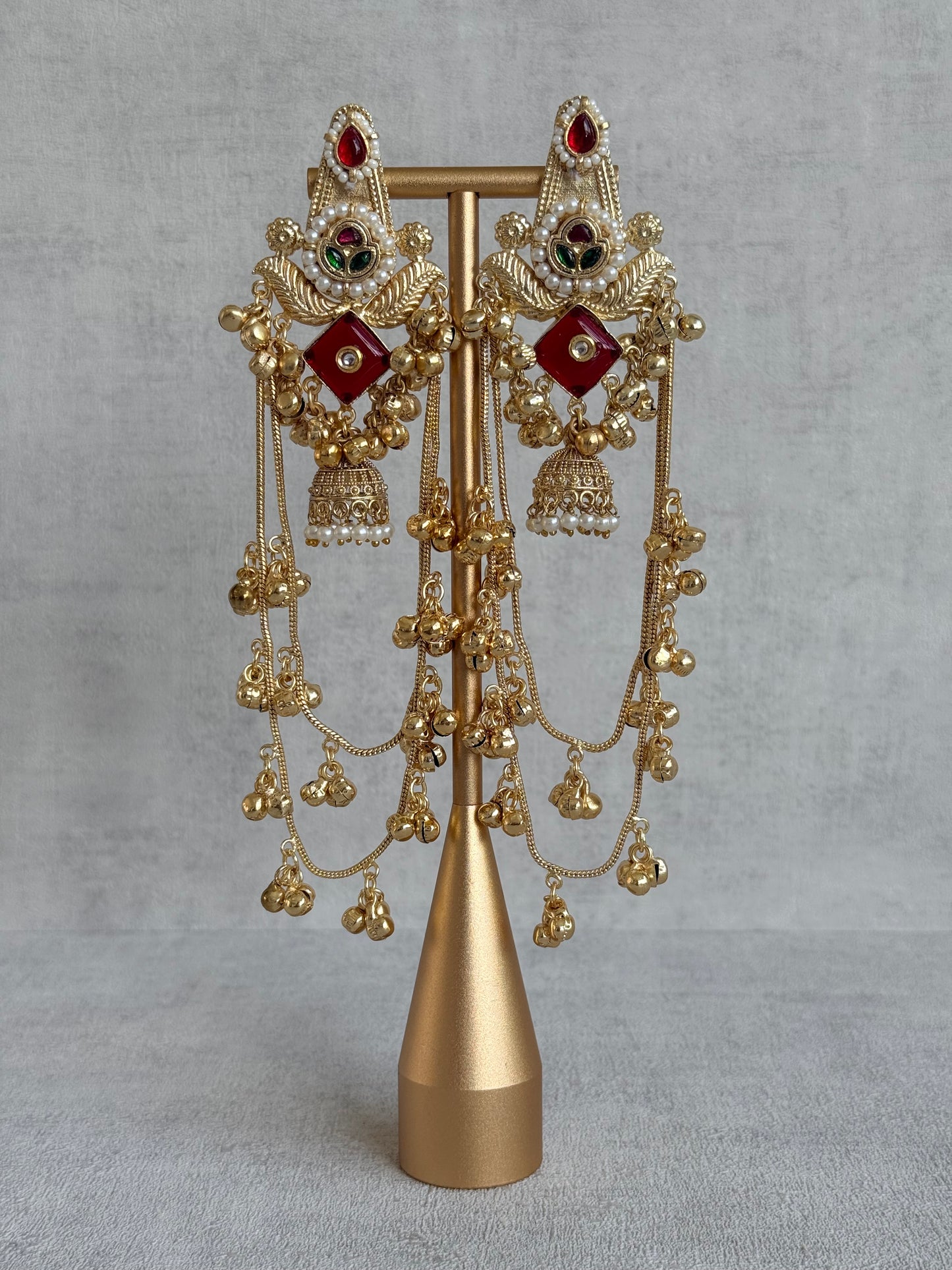 Ayura Designs Simal Earrings – Kashmiri Earrings with Red Stone, Multicoloured Detailing, Layered Ghungroo Chains & Jhumkis