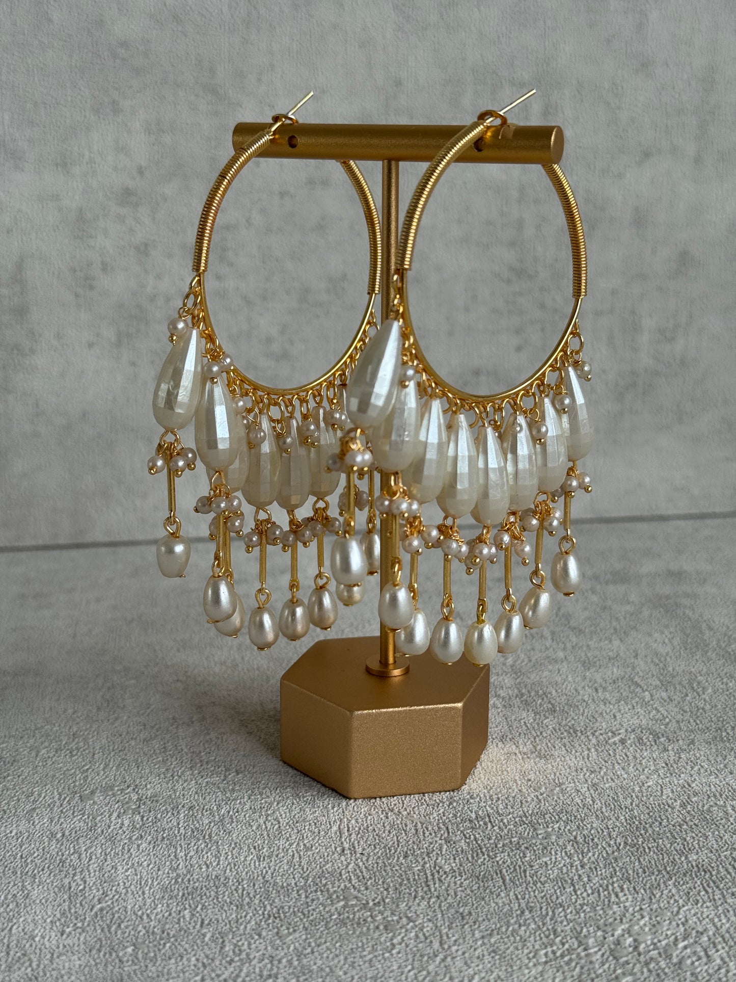 Ayura Designs Emery Balis – Gold Hoop Earrings with Faceted Pearl Drops & Fringe Detailing