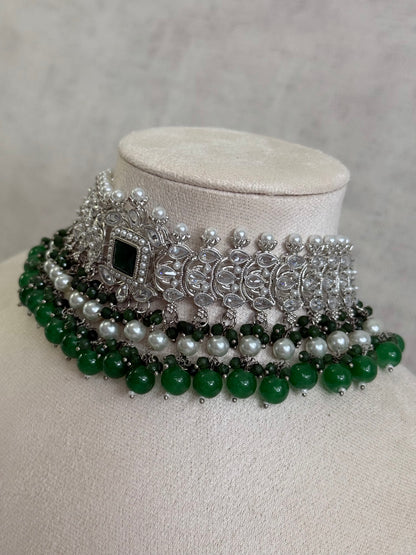 Ayura Designs Sarwat Choker Set – Emerald Green Stones, Ivory Pearl Drops & Antique Silver Finish