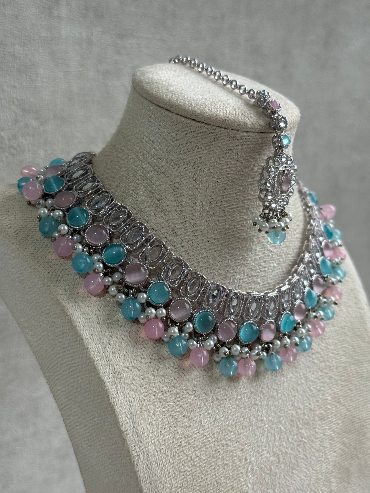 Ayura Designs Rayal Set – Silver Necklace, Jhumkis & Tikka with Aqua Blue, Blush Pink & Pearl Detailing