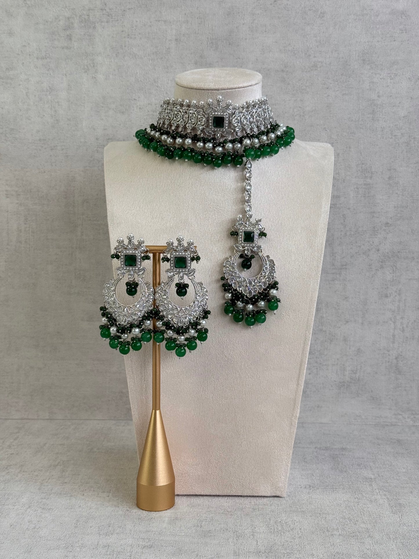 Ayura Designs Sarwat Choker Set – Emerald Green Stones, Ivory Pearl Drops & Antique Silver Finish