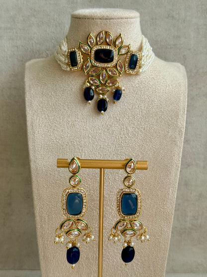Ayura Designs Raaz Set with Necklace & Earrings – Ink Blue Stones, Kundan Detailing & Antique Gold Finish