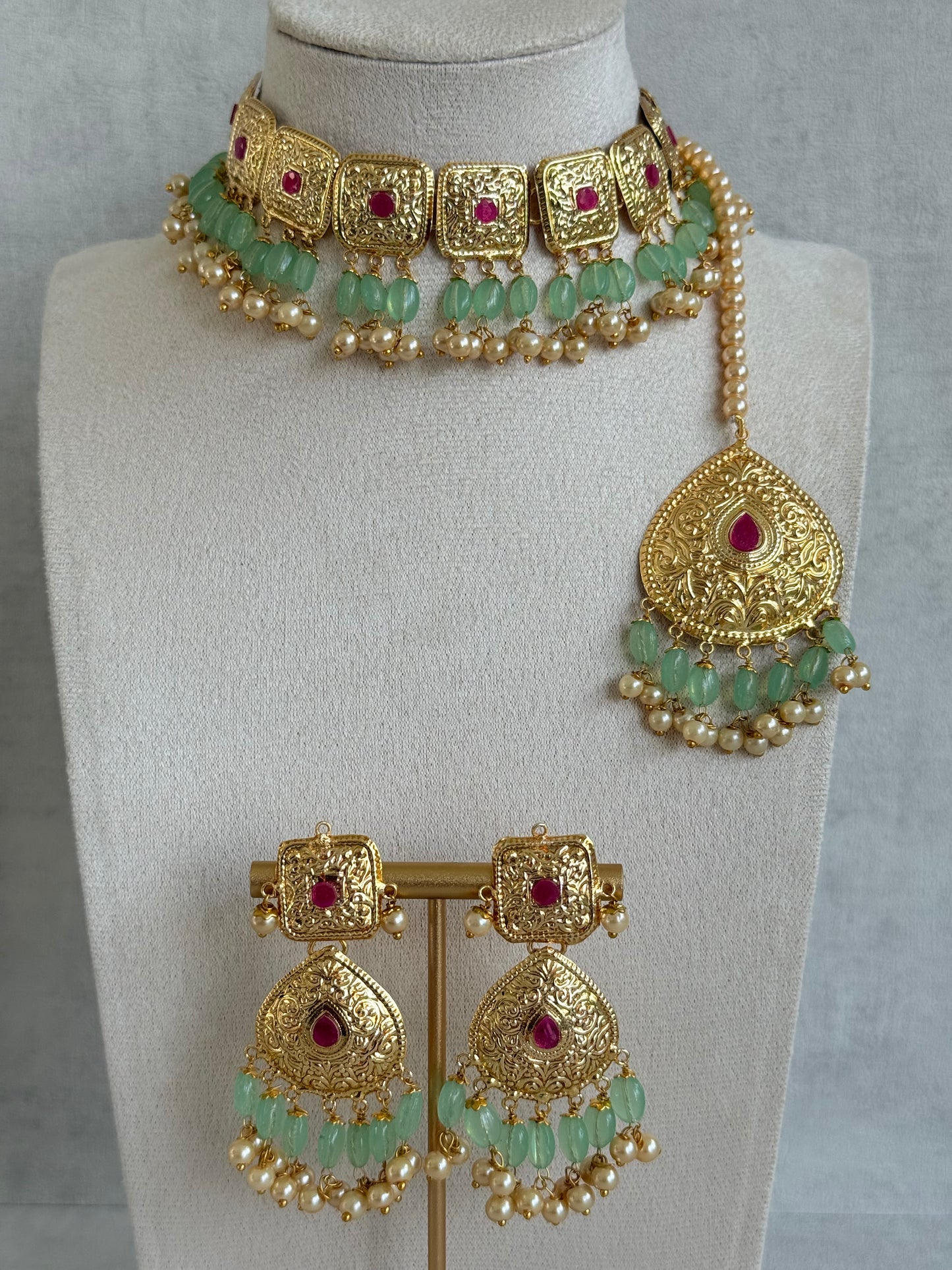 Ayura Designs Chetna Choker Set with Earrings & Tikka – Mint Green Beads, Cream Pearl Drops with Pipal Patti Detailing
