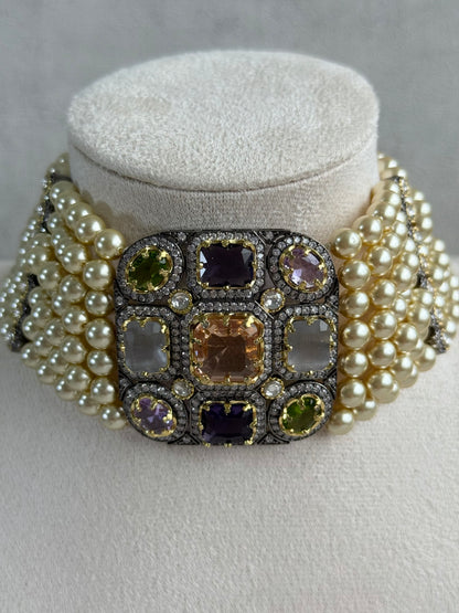 Ayura Designs Amelia Choker Set with Earrings – Moissanite Stonework with Layered Pearls in Antique Silver Finish (Soft Pastel Mix)