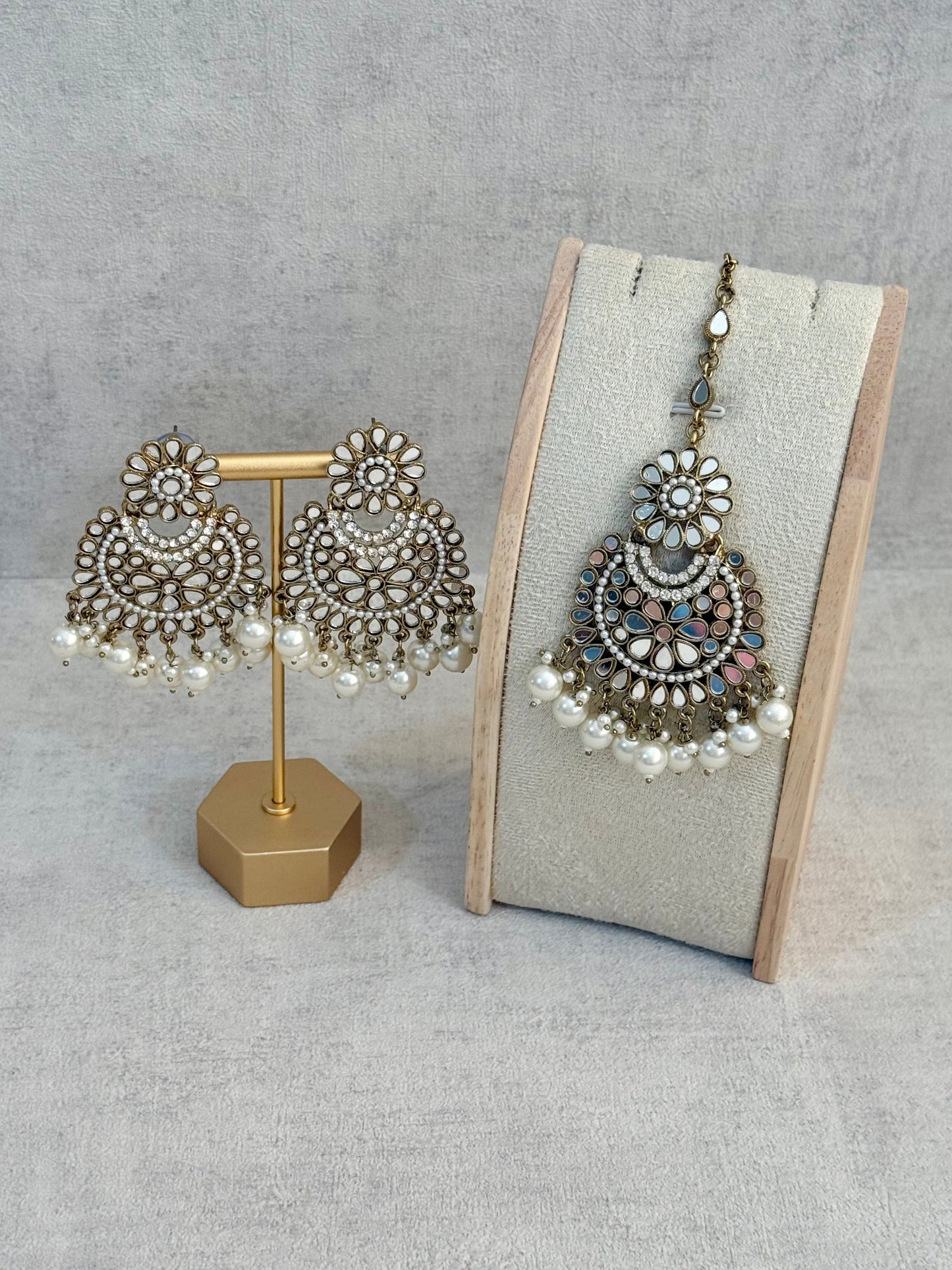 Ayura Designs Sheesha Tikka Set with Earrings – Antique Gold Mirror Detailing with Pearl Drops