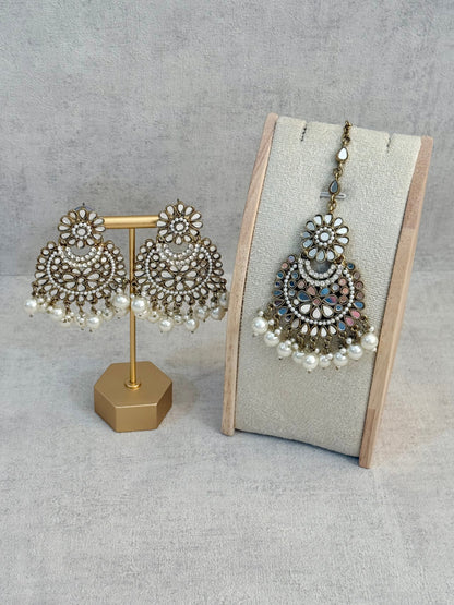 Ayura Designs Sheesha Tikka Set with Earrings – Antique Gold Mirror Detailing with Pearl Drops