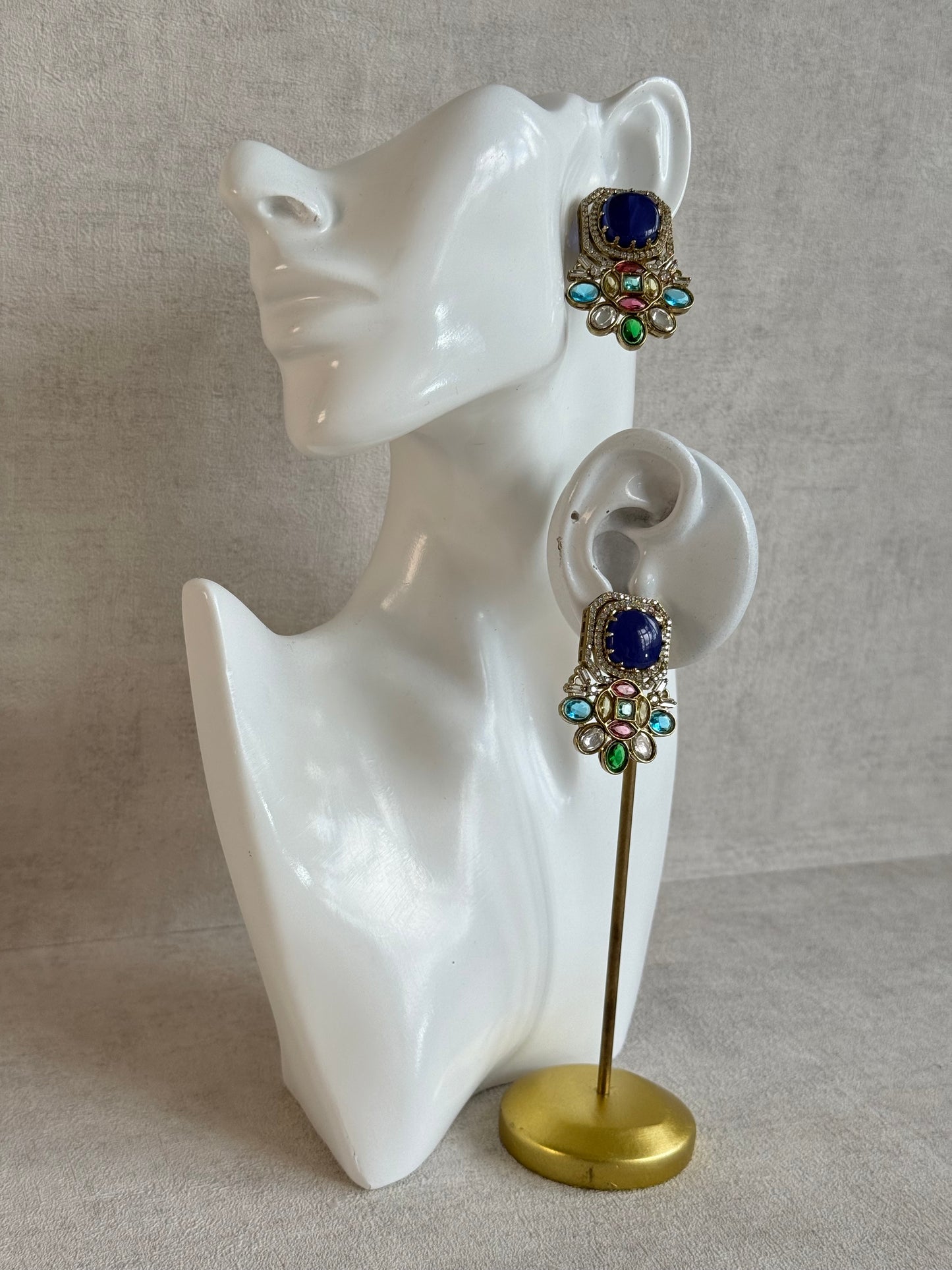 Ayura Designs Inez Earrings – Cobalt Blue Multicolour Statement Studs in Gold