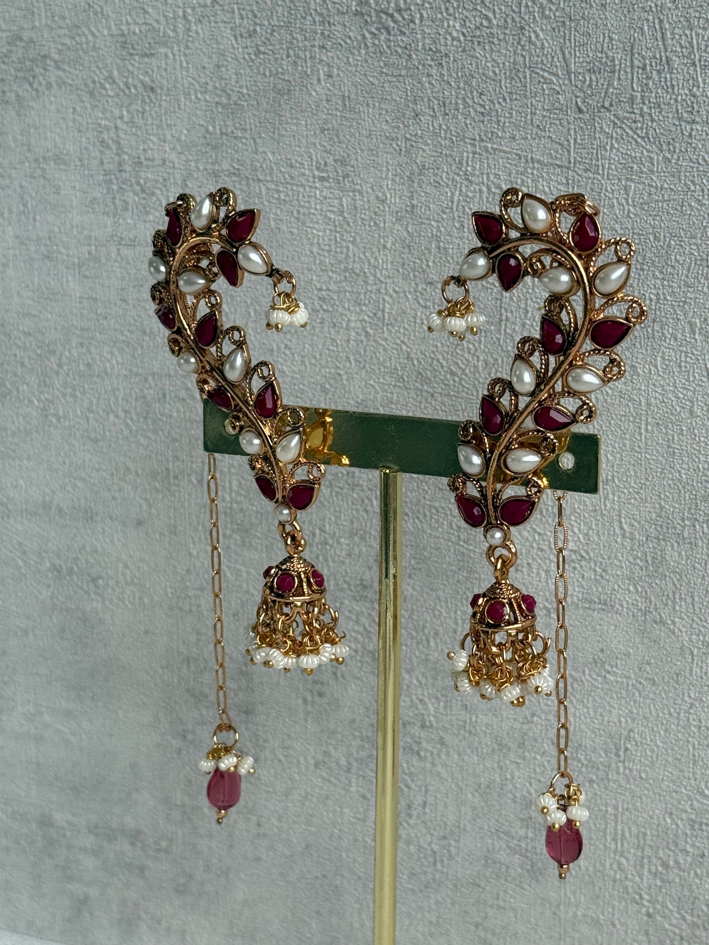 Ayura Designs Mastani Earrings – Gold Ear Climbers with Ruby Stones, Pearls & Jhumki Drops