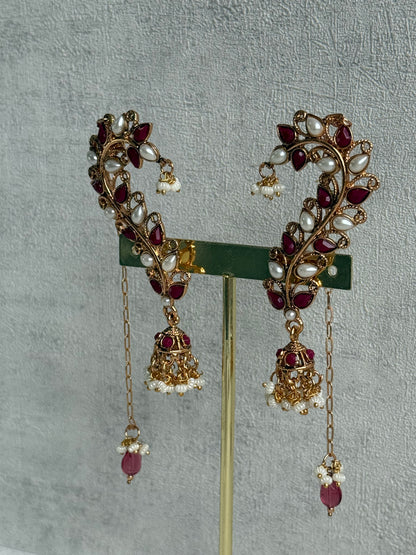 Ayura Designs Mastani Earrings – Gold Ear Climbers with Ruby Stones, Pearls & Jhumki Drops