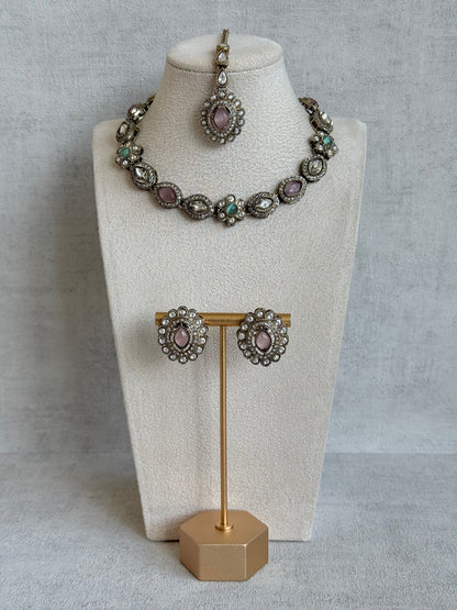 Ayura Designs Ivy Necklace Set with Studs & Tikka – Blush Pink & Mint Green Kundan Detailing