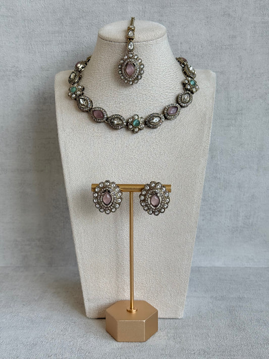 Ayura Designs Ivy Necklace Set with Studs & Tikka – Blush Pink & Mint Green Kundan Detailing