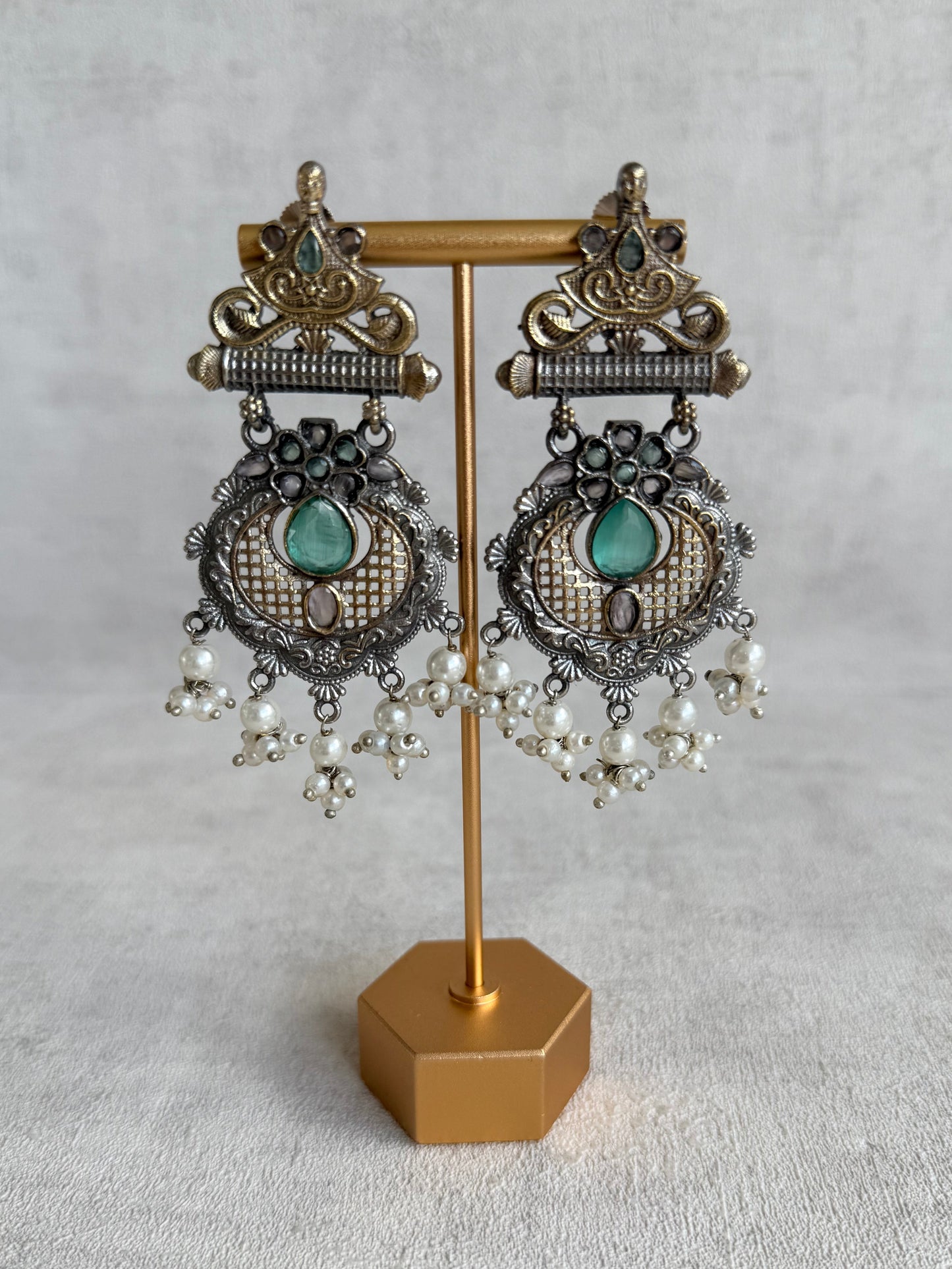 Ayura Designs Haya Earrings – Oxidised Statement Earrings with Aqua & Blush Stone Detailing