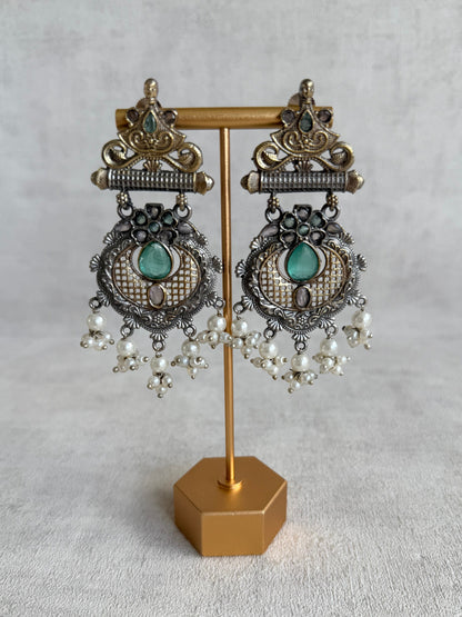 Ayura Designs Haya Earrings – Oxidised Statement Earrings with Aqua & Blush Stone Detailing