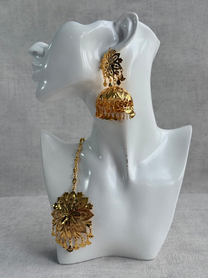 Ayura Designs Mutiyar Tikka Set with Jhumkis – Gold Floral Design with Pippal Patti Drops