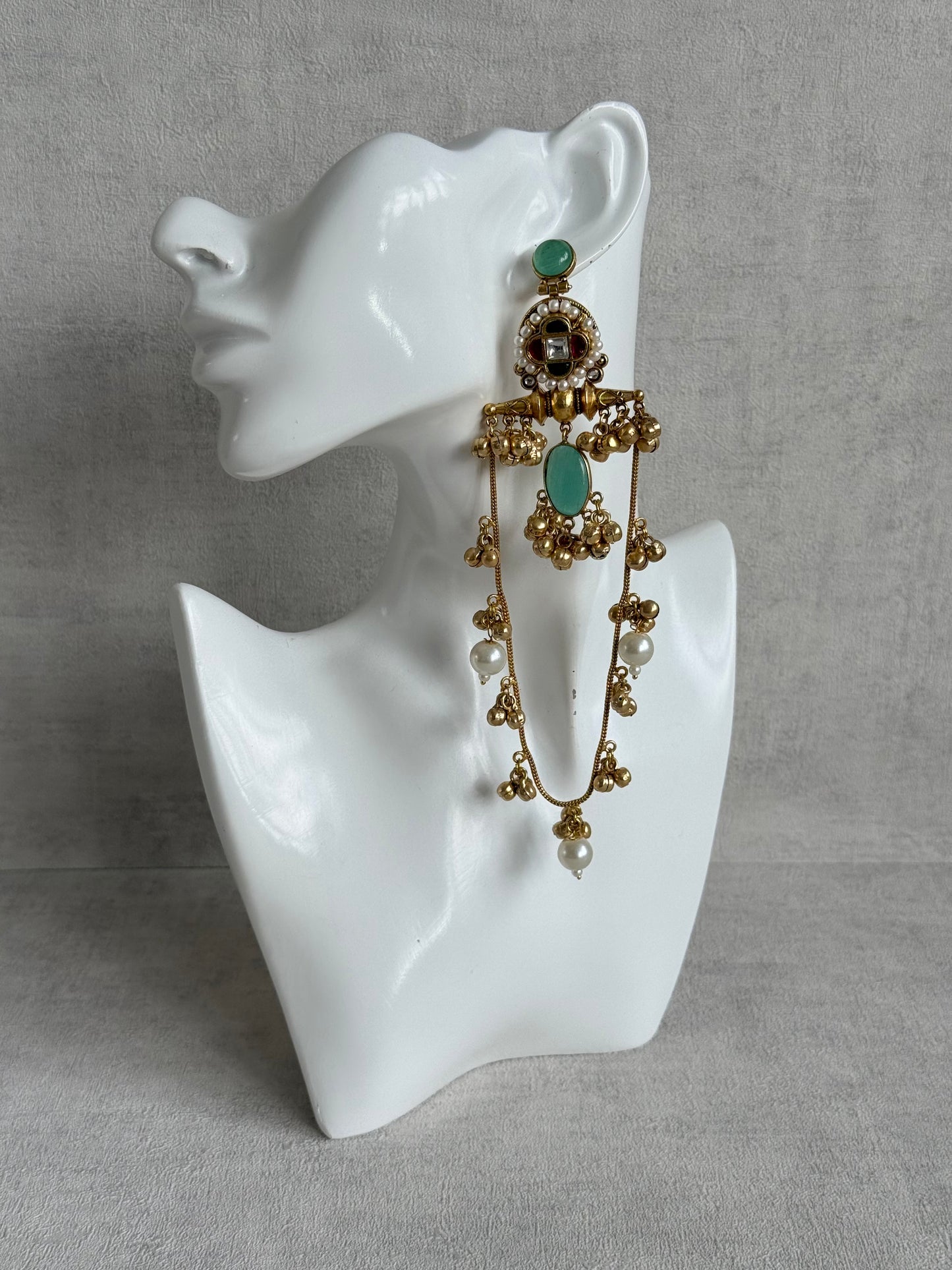 Ayura Designs Kashifa Earrings – Kashmiri Earrings with Mint Green Stone, Ghungroo Detailing & Pearl Drops