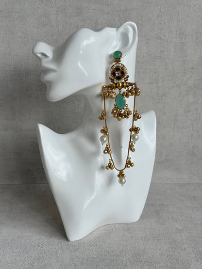 Ayura Designs Kashifa Earrings – Kashmiri Earrings with Mint Green Stone, Ghungroo Detailing & Pearl Drops
