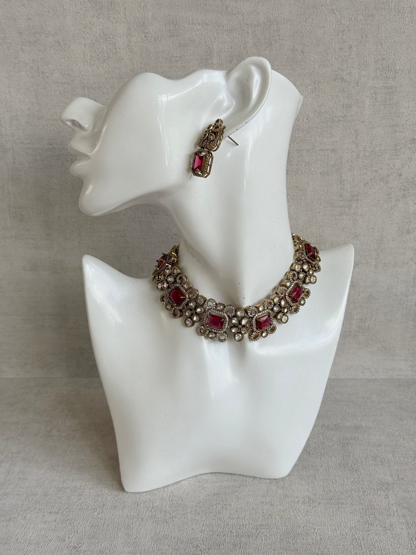 Ayura Designs Celine Necklace Set with Earrings – Moissanite Ruby Rose Statement Set