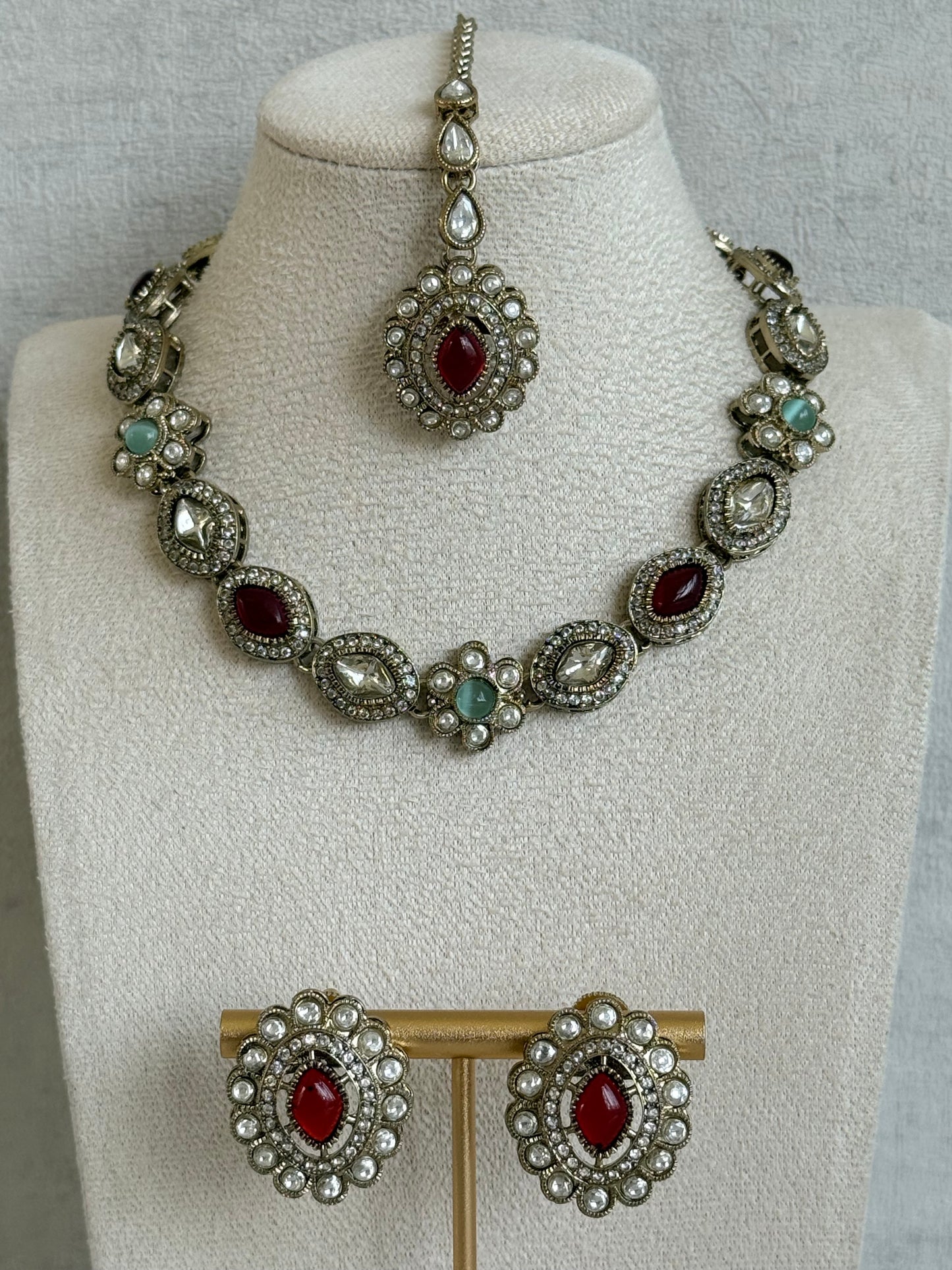 Ayura Designs Ivy Necklace Set with Studs & Tikka – Ruby Red & Mint Green Kundan Detailing