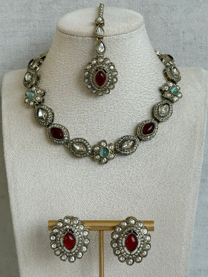 Ayura Designs Ivy Necklace Set with Studs & Tikka – Ruby Red & Mint Green Kundan Detailing