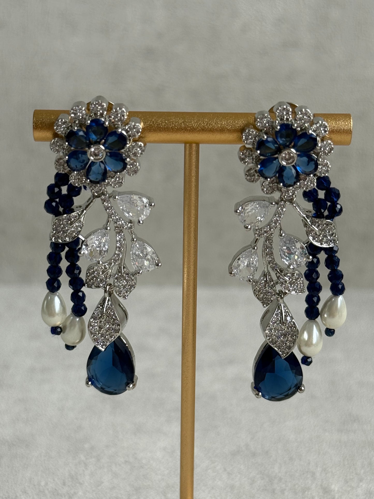 Ayura Designs Chloe Set – Silver Necklace & Earrings with Sapphire Stones, Pearls & Moissanite Detailing