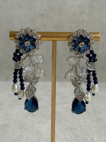 Ayura Designs Chloe Set – Silver Necklace & Earrings with Sapphire Stones, Pearls & Moissanite Detailing