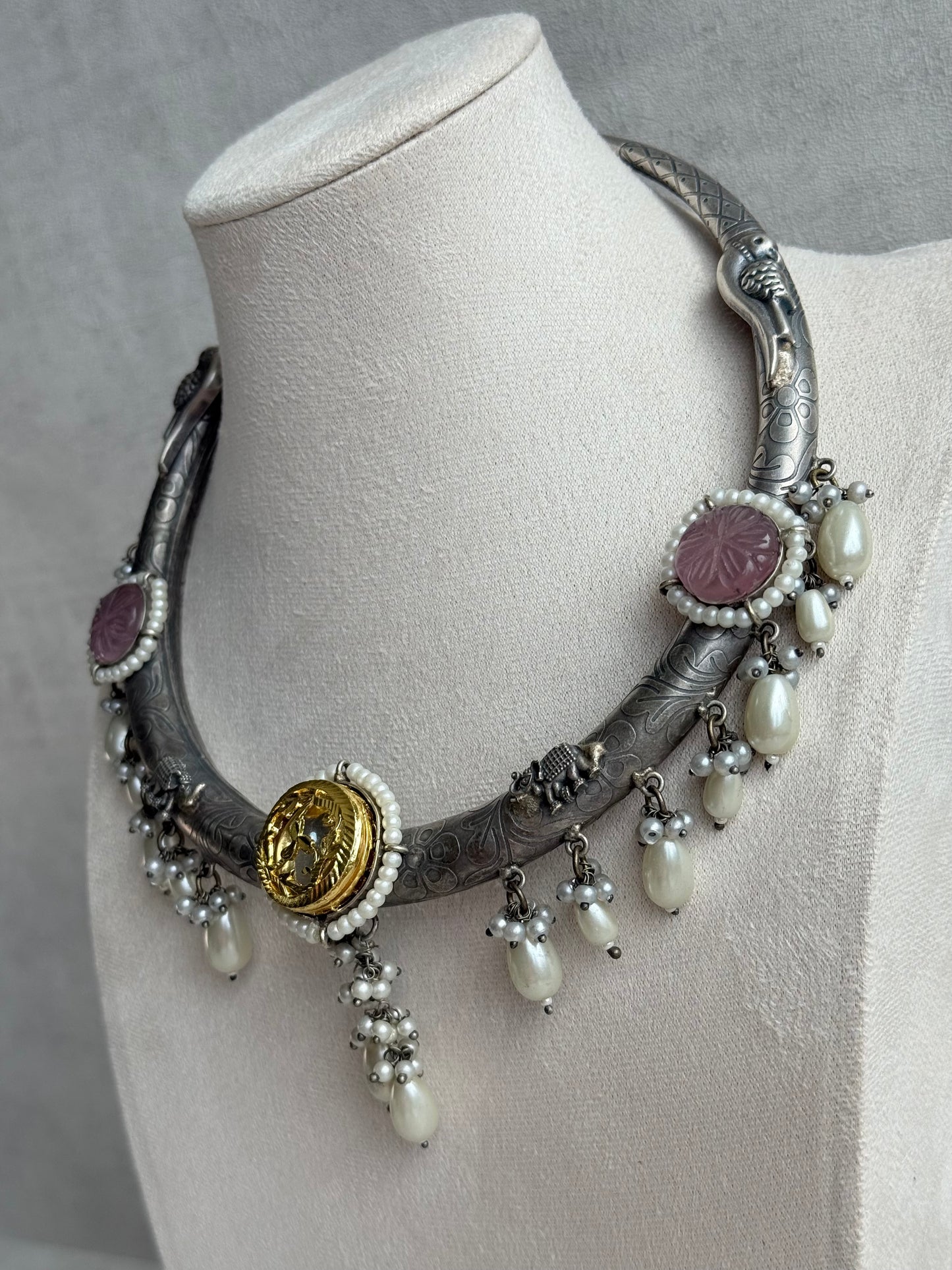 Ayura Designs Zareen Torque Necklace Set with Earrings – Dual Tone Oxidised Collar Necklace with Coin Detailing, Pearl Drops & Peacock Motifs