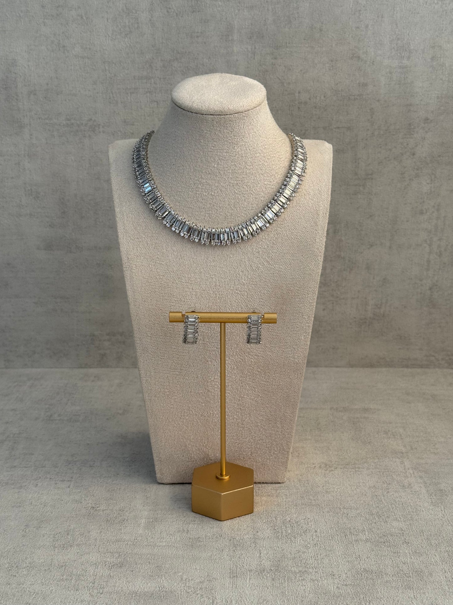 Ayura Designs Isadora Set with Necklace & Stud Earrings – Silver Finish with Baguette-Cut Crystals