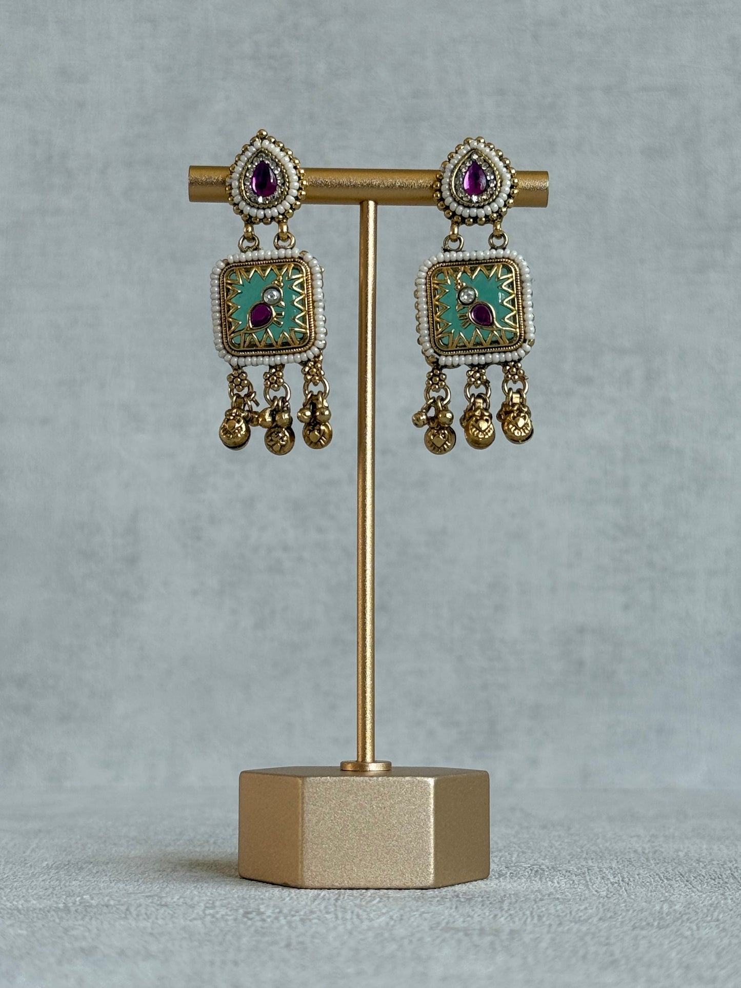 Ayura Designs Inira Drop Earrings – Mint Green Enamel Bird Earrings with Rani Pink Kundan & Ghungroo Drops