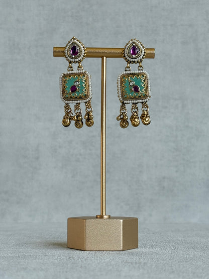 Ayura Designs Inira Drop Earrings – Mint Green Enamel Bird Earrings with Rani Pink Kundan & Ghungroo Drops
