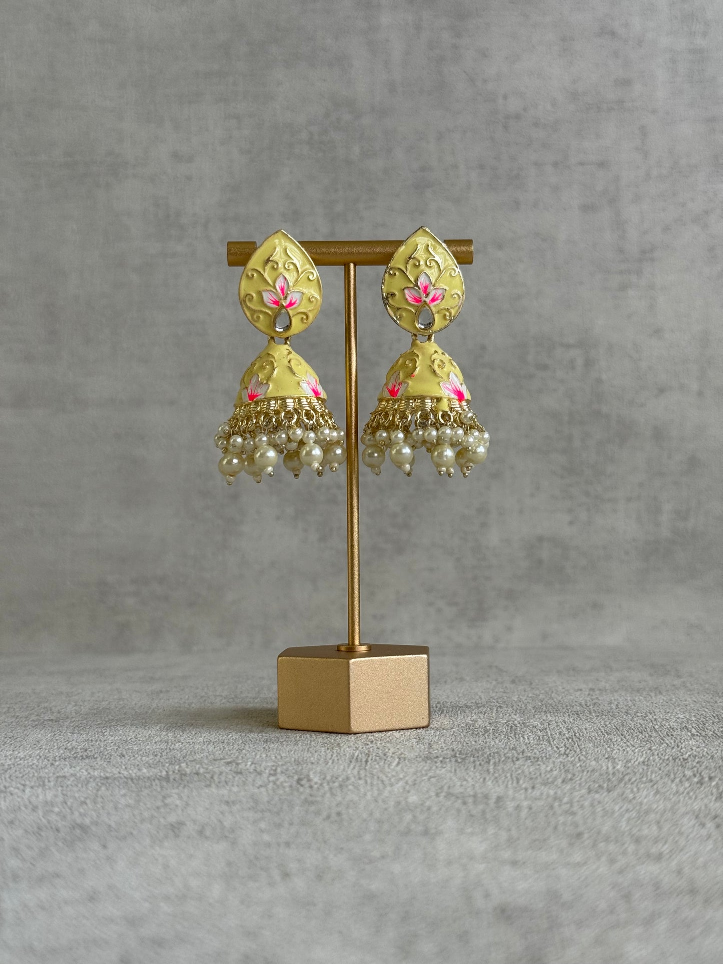 Ayura Designs Gia Jhumkis – Butter Yellow Meenakari with Pink Lotus Motifs & Ivory Pearl Drops