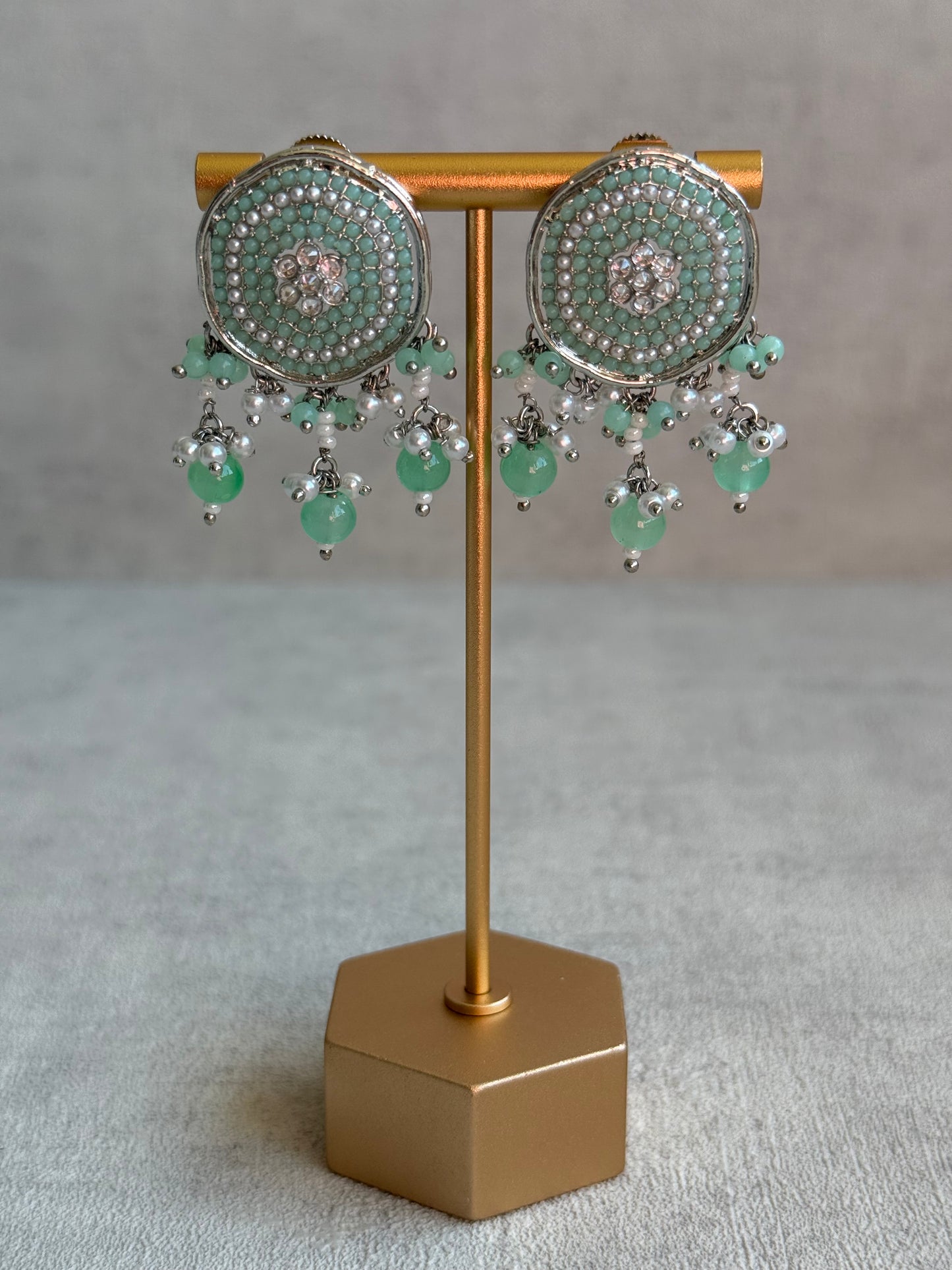 Ayura Designs Nomal Set with Earrings & Tikka – Mint Green Beads, Pearl Detailing & Silver Finish