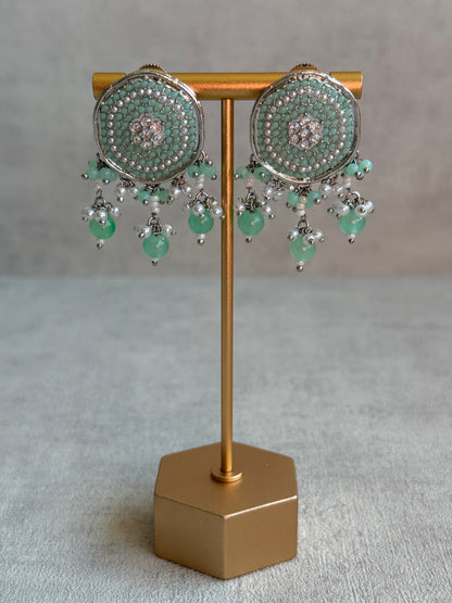 Ayura Designs Nomal Set with Earrings & Tikka – Mint Green Beads, Pearl Detailing & Silver Finish
