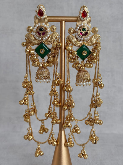Ayura Designs Simal Earrings – Kashmiri Earrings with Green Stone, Multicoloured Detailing, Layered Ghungroo Chains & Jhumkis