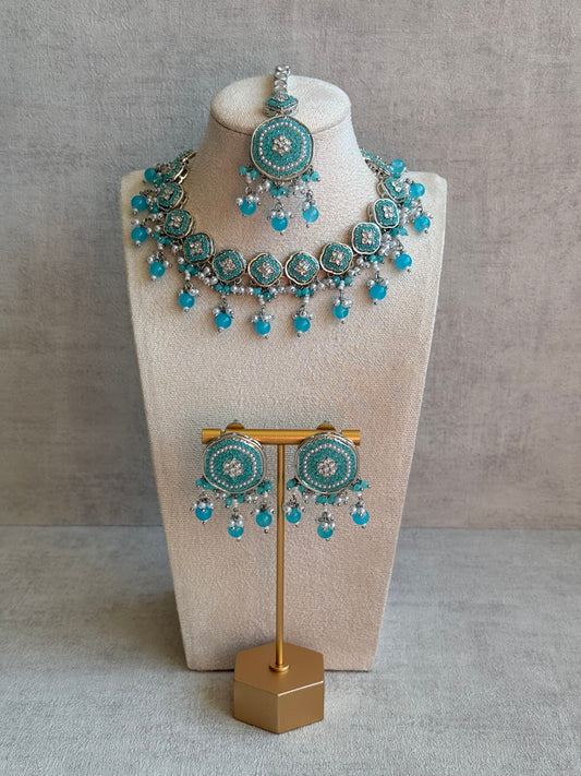Ayura Designs Nomal Set with Earrings & Tikka – Aqua Blue Beads, Pearl Detailing & Silver Finish