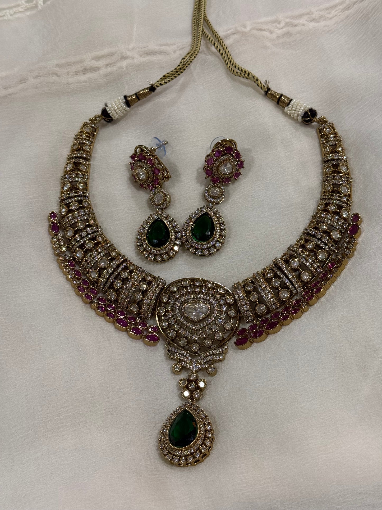 Ayura Designs Ahana Necklace Set with Earrings – Emerald Green Teardrop Stones, Ruby Pink Accents & Moissanite Detailing