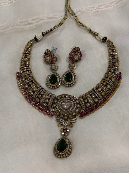 Ayura Designs Ahana Necklace Set with Earrings – Emerald Green Teardrop Stones, Ruby Pink Accents & Moissanite Detailing
